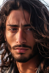 A close-up of a Middle Eastern man with long, loose waves parted in the middle, giving a serious and reflective mood.