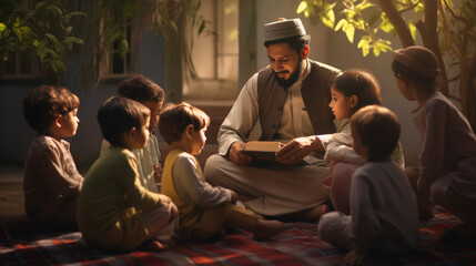 Male Islamic teacher sitting teaching children under the tree - obrazy, fototapety, plakaty