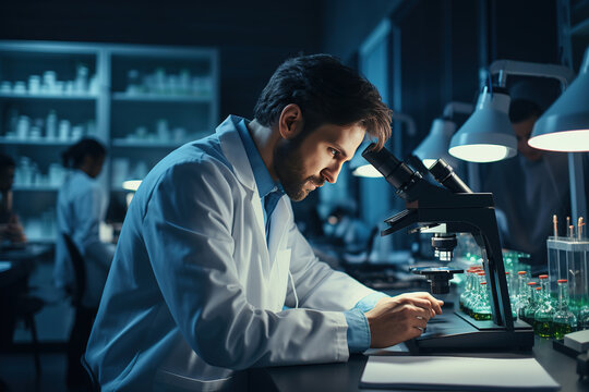 Young Hispanics man scientist using microscope write on clipboard at laboratory