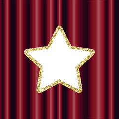 Burgundy red curtain background for theather shows with a gold glitter star, stand-up comedy and presentations, dark velvet texture with a golden element.