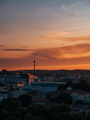 Fototapeta na wymiar Vilnius, Lithuania - 07 30 2023: Panorama of Vilnius at sunset overlooking the TV tower