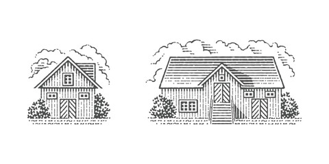 Farm. Hand drawn engraving style illustrations.