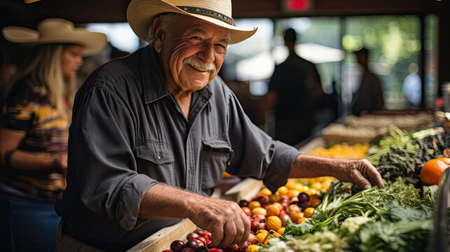 An elderly farmer in a straw hat stands proudly at a vibrant local farmers market, with farm-fresh produce and customers creating a colorful backdrop.