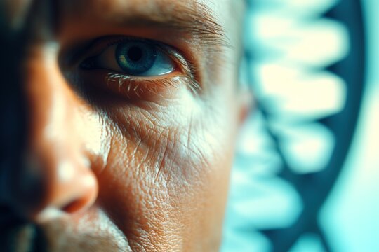 male face with dna chain on background