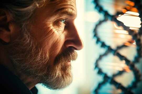 male face with dna chain on background