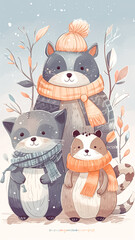 Obraz premium Winter cute illustration with raccoons, generative AI.