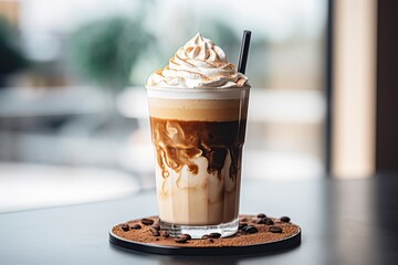 glass with warm coffee drink with pumpkin spice or cinnamon, whipped milk foam and chocolate in a...