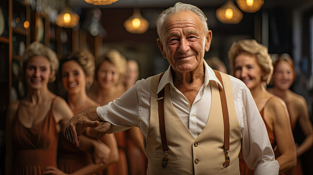 A classic outfit-clad elderly dance instructor stands amidst a lively blur of dancers in a dance studio.