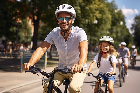 Portraits Smiling father with daughter during summer outdoor bicycle riding. They enjoy togetherness in the summer city park. Happy parenthood and childhood or active sport life concept image