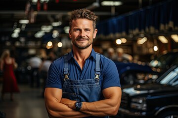 Fototapeta na wymiar Technician, male auto mechanic in coverall in modern auto repair shop, garage