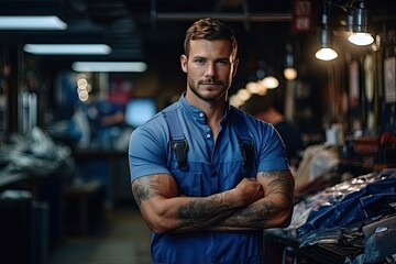 Technician, male auto mechanic in coverall in modern auto repair shop, garage