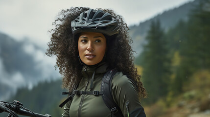 Portrait of black woman with sports bike, cyclist stands in mountains