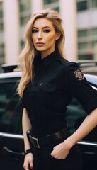 Fototapeta na wymiar Serious Woman Security Officer in Black Uniform