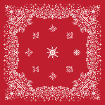 Red Bandanna Print. paisley seamless pattern. chili pepper, flowers, chili, decorative geometric line ornament. White and red pattern template. Silk neck scarf or kerchief square pattern design style.