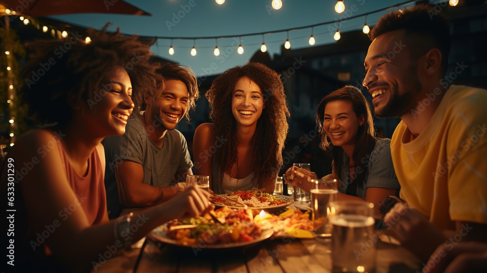 Wall mural Multiethnic friends having fun at rooftop bbq dinner party - Group of young people diner together sitting at restaurant dining table - Cheerful multiracial teens eating food and drinking wine outside