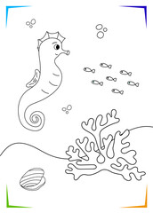 Black and white coral, sea Horse, hippocampus Coloring page. Underwater animal vector illustration