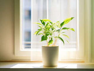 an artificial plants plant sits inside a window sill next to a window
