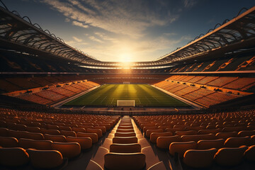 Golden Hour soccer stadium stadium in the evening with wide-angle view of the dynamic atmosphere of...