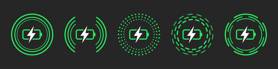 fast charge symbol icon set of five designs in green color. Wireless charger concept. Wireless charging icons. Phone charge simple signs. Vector illustration. - obrazy, fototapety, plakaty