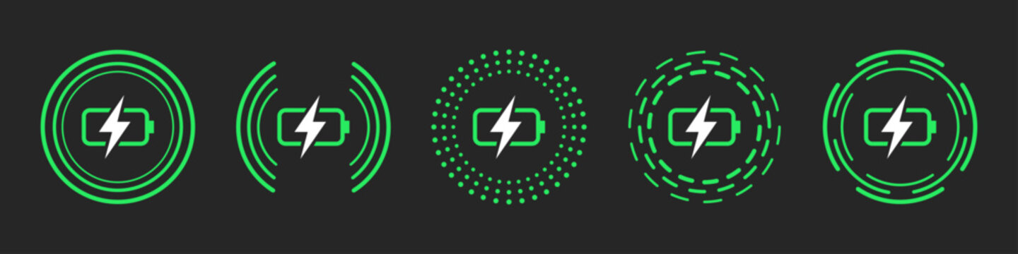 fast charge symbol icon set of five designs in green color. Wireless charger concept. Wireless charging icons. Phone charge simple signs. Vector illustration.