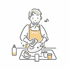 食事の洗い物をする若い男性　シンプルでお洒落な線画イラスト
