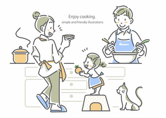 一緒に楽しく料理をする若い家族　シンプルでお洒落な線画イラスト