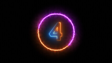 Number four glowing in the dark orange blue neon light