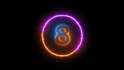 Number eight glowing in the dark orange blue neon light