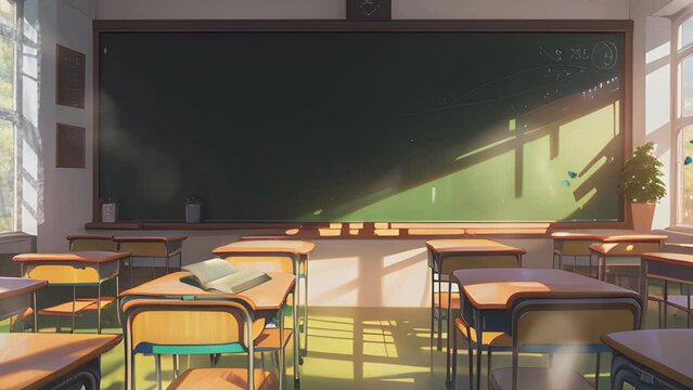 empty classroom with big green chalkboard, tables and chairs. Back to School Cartoon or Japanese anime watercolor painting illustration style. seamless looping 4K virtual video animation background