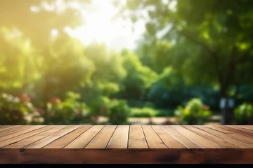 Empty wooden product display table top with blurred garden background nature scene podium © amila