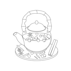 Sea buckthorn tea in a teapot. Hello autumn. Autumn season element, icon. Line art.