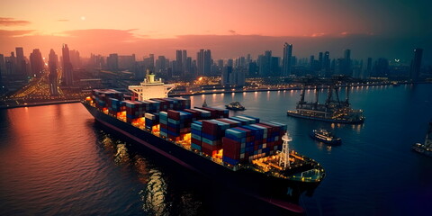 container ship entering a major port at dusk, with the city skyline in the background, symbolizing the urban integration of trade hubs. - obrazy, fototapety, plakaty