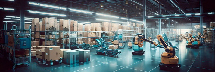advanced technology and automation in modern warehouses, where robots efficiently sort and prepare goods for international distribution.