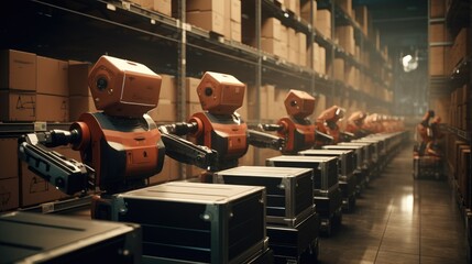 AI-controlled robots efficiently working in a warehouse. Generative AI