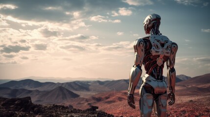 A humanoid robot exploring a barren landscape, showing AI's potential in space exploration. Generative AI