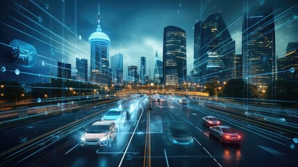 Fototapeta na wymiar A city skyline showing a real-time AI traffic monitoring system. Generative AI