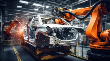 Naklejka premium A robotic arm assembling a car in an automotive factory, showcasing industrial automation. Generative AI