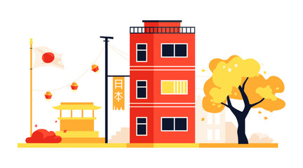Japanese street in a poor area - modern colored vector illustration