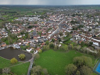 Establishing aerial shot  Saffron Walden market town in Essex UK drone Aerial