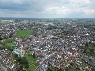 Obraz premium Saffron Walden market town in Essex UK high angle point of view drone Aerial