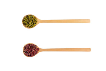 Mung beans and Red kidney beans on spoon wooden on white background