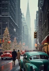 Fotobehang Empire State Building Retro Christmas photo of old city 50s 60s, New York of 60s, Retro Christmas New York city, Vintage Christmas city photo