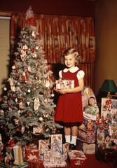 Retro Christmas Photo card of 50s 60s, Vintage Christmas photo with people and retro Christmas decorations of 50s, retro photo of family Christmas 