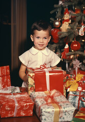Retro Christmas Photo card of 50s 60s, Vintage Christmas photo with people and retro Christmas decorations of 50s, retro photo of family Christmas 