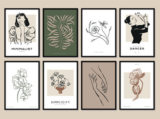Abstract poster collection with woman silhouettes and flowers illustrations for modern art gallery