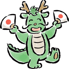 扇子を持って踊る辰　筆タッチ手描きイラスト