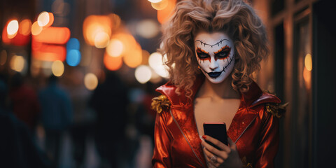 Smiling woman with spooky make-up using mobile phone on a celebration of halloween, Happy woman in costume halloween doing selfie using a smart phone, generative ai