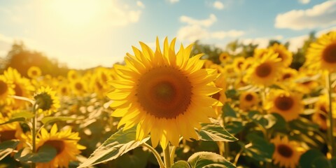 Obraz premium Sunflower background in a yellow field. Sunflower blooming. Close-up of sunflower, generative ai