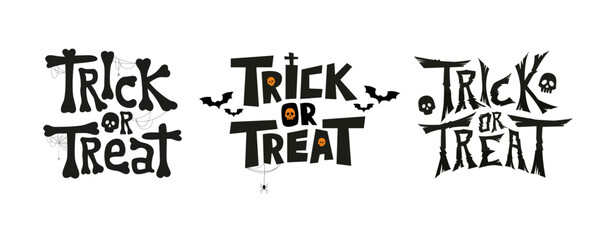 Set of Trick or Treat lettering. Stylized vector text. Holiday Illustration isolated on white background for Halloween day.