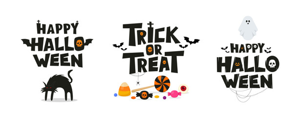 Set of Happy Halloween and Trick or Treat vector lettering. Stylized letters with creepy cat, ghost and halloween candies and sweets.